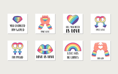 Social LGBT posters, banners with gay and lesbian pride symbols, rainbow. Pride month. Flat vector illustration. Lesbian gay bisexual transgender concept. Design element for Valentines cards or etc.