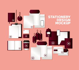 mockup set with dark red branding of corporate identity and stationery design theme Vector illustration © Grgroup