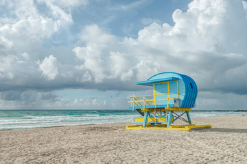 USA, Florida, Miami Beach. Colorful lifeguard station.