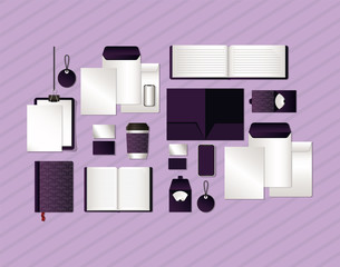 mockup set with dark purple branding of corporate identity and stationery design theme Vector illustration © Grgroup