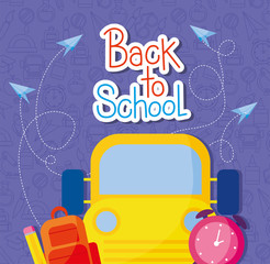 yellow bus with paperplanes pencil bag and clock design, Back to school eduacation class lesson theme Vector illustration