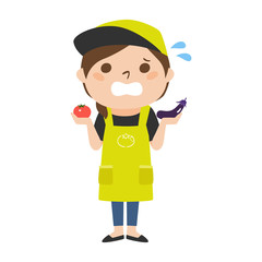 困ってる八百屋さんの女性のイラスト。