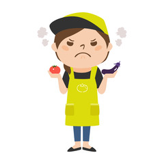 怒ってる八百屋さんの女性のイラスト。