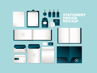 bags and mugs mockup set with dark green branding of corporate identity and stationery design theme Vector illustration © Grgroup