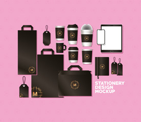 bags and mugs mockup set with dark brown branding of corporate identity and stationery design theme Vector illustration © Grgroup