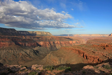 View of Surprise Valley from edge of Esplanade in Grand Canyon National Park, Arizona on summer morning.