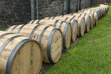 Line of bourbon barrels, Woodford Reserve distillery, Versailles, Kentucky. (Editorial Use Only)