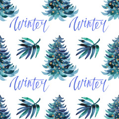 Seamless pattern watercolor hand-drawn blue and green christmas tree naive art and lettering word winter on white. Art creative new year background for card, wallpaper, gift, textile, celebration