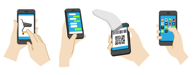 Set of illustrations operating a smartphone(Social media, online shopping, electronic payment)