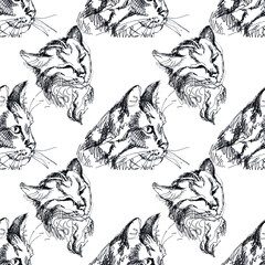 Seamless pattern with hand-drawn black and white cats. Art creative background for card, wrapping, wallpaper, note book, zoo shop, textile