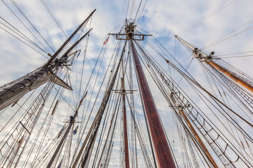 USA, Massachusetts, Cape Ann, Gloucester. Gloucester Schooner Festival, schooner masts.
