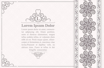 Vintage ornament greeting card vector template. Retro wedding invitation, advertising or other design and place for text. Flourishes ornamental frame and pattern background.