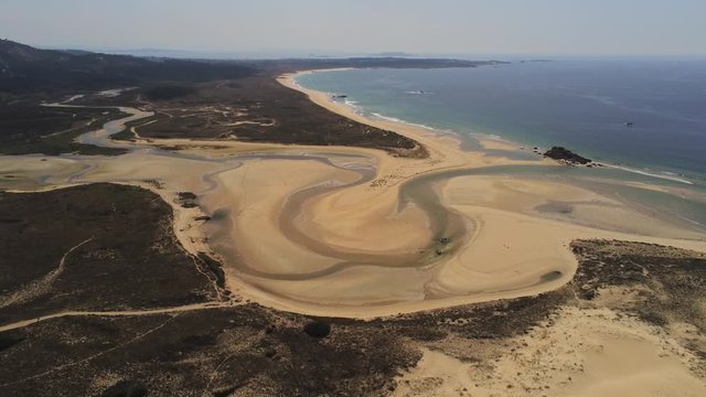 Corrubedo. beautiful coastal landscape in sand dunes. Galicia.Spain. Aerial Drone Footage