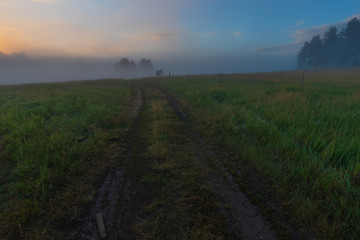 Fototapeta na wymiar Dirt road leading into the mist