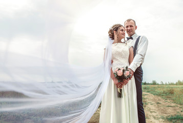 Happy bride and groom stand in a field with a transparent white veil