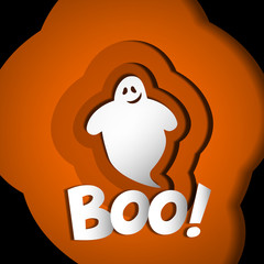 boo happy halloweeen greeting card  design with cute ghost on orange background paper cut style