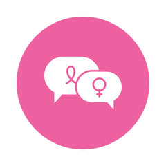 speech bubbles with female gender symbol and breast cancer ribbon icon, block style