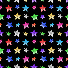 Seamless pattern colorful stars black background isolated, decorative shiny stars repeating ornament, bright glittering Сhristmas starry decoration backdrop, New Year wallpaper, holiday texture design