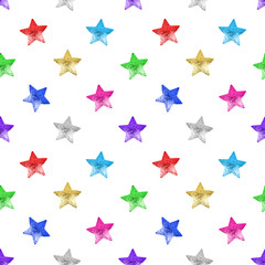 Seamless pattern colorful stars white background isolated, decorative shiny stars repeating ornament, bright glittering Сhristmas starry decoration backdrop, New Year wallpaper, holiday texture design