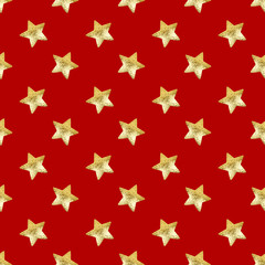 Seamless pattern of golden stars on red background isolated, decorative shiny gold stars repeating ornament, bright glittering Сhristmas starry decoration backdrop, New Year wallpaper, holiday texture