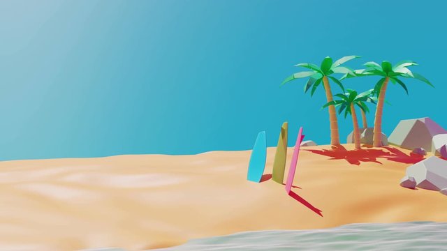 Beauty summer beach, surfboard, sand, palm tree background animation 3d rendering