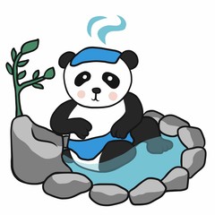 Panda shower in Japanese onsen (hot spring) cartoon vector illustration