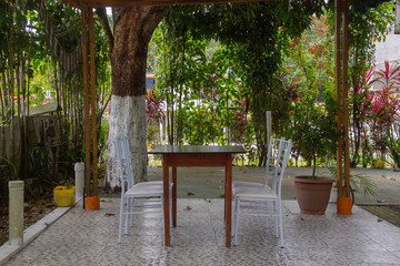 mesa y sillas en jardín 