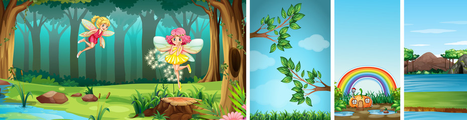 Four different scene of fantasy world with fantasy places and fantasy characters such as fairies