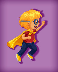 Boy wearing superhero with stranglehold in standing position cartoon character portrait isolated
