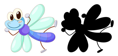 Set of insect cartoon character and its silhouette on white background