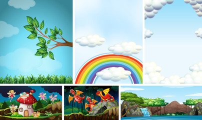 Six different scene of fantasy world with fantasy places and fantasy characters such as dragons and fairies