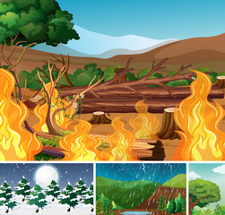 Four different nature disaters scene of forest in different seasons cartoon style