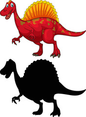 Fototapeta premium Set of dinosaur cartoon character and its silhouette on white background