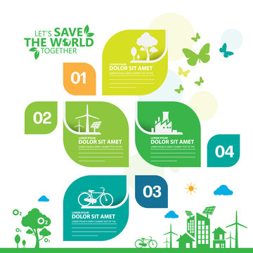 Ecology. Green cities help the world with eco-friendly concept ideas. info graphic vector illustration