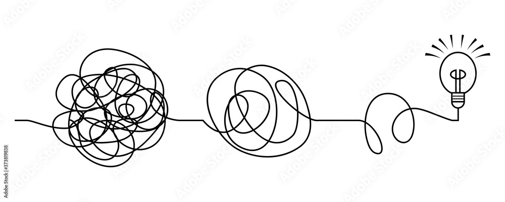 Poster scribble line doodles. the concept of transition from complicated to simple with bulb lamp, isolated
