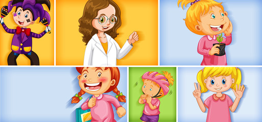 Set of different kid characters on different color background