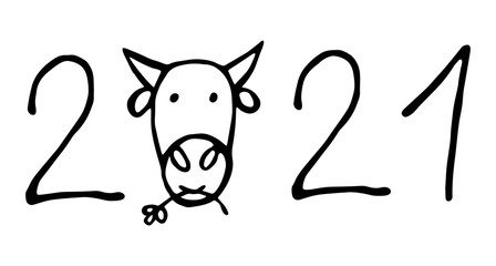 Vector isolated element, 
lettering for the upcoming new year, the year of the bull. Hand drawn doodle.