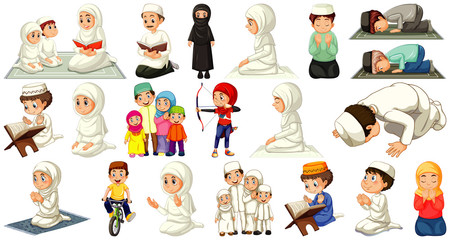 Set of different muslim people cartoon character isolated on white background