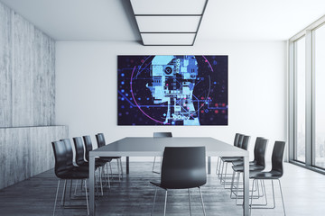 Creative artificial Intelligence symbol on presentation tv screen in a modern meeting room. Neural...