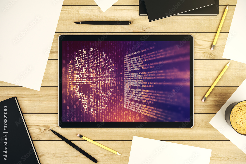 Poster creative code skull sketch on modern digital tablet screen, theft of personal data and malware conce