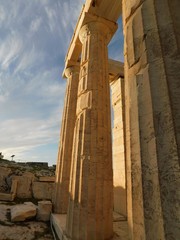 View of the monumental gateway to the ancient Acropolis of Athens, or Propylaea, in Greece