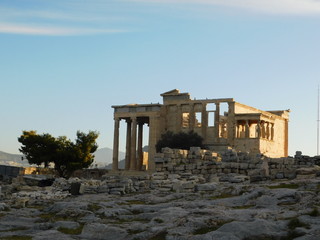 The Erectheion temple, in the ancient Acropolis, under the morning light, in Athens, Greece