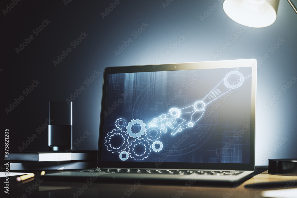 Poster modern computer monitor with robotics technology hologram. research and development software concept