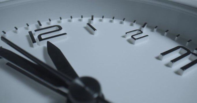 Macro Reverse Clock. Extreme macro wide angle close up as the camera pans counterclockwise across the radius of a small alarm clock with raised 3D numbers.
