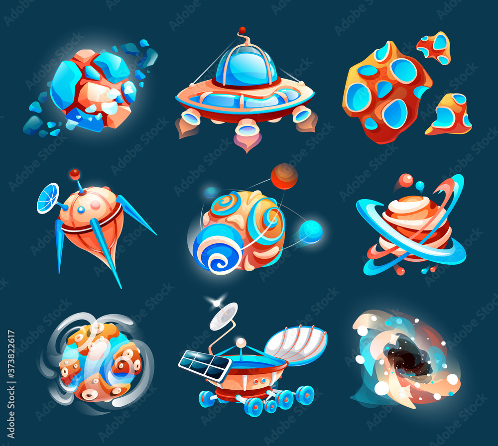 Fototapete space game elements. outer space objects symbols and design elements spaceships planets meteorites. 