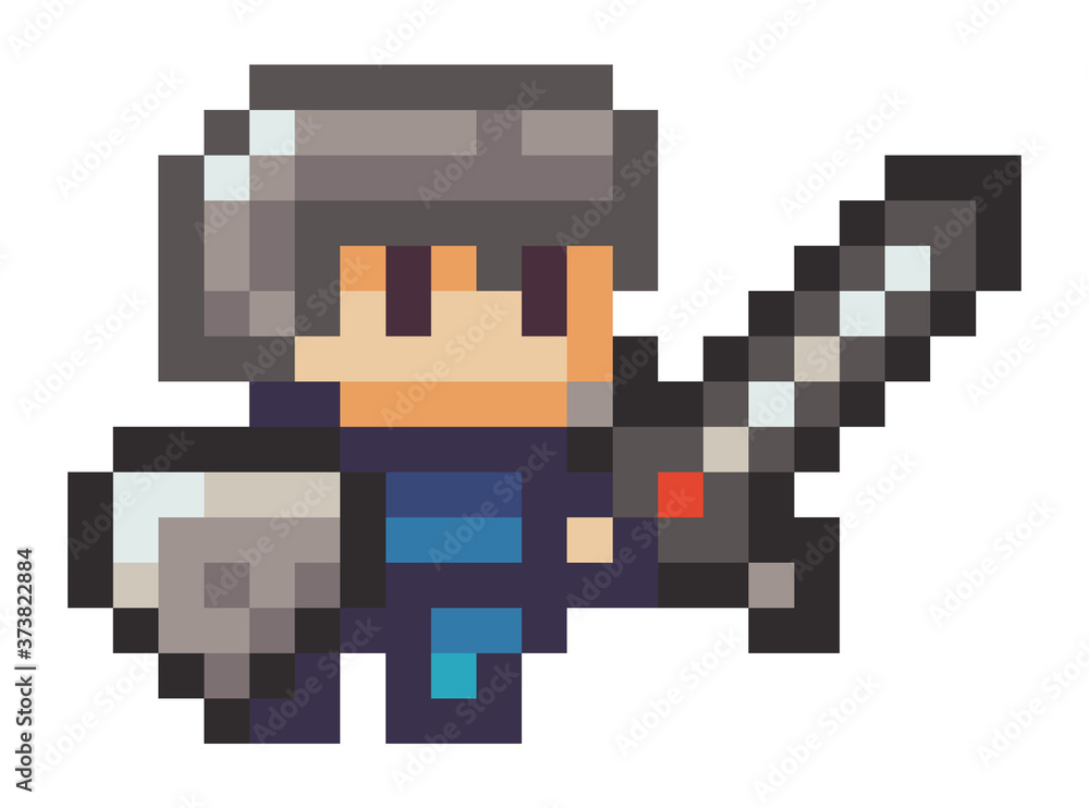 Poster vector pixel character. pixel art style 8-bit. illustration of pixel man with a sword on white backg
