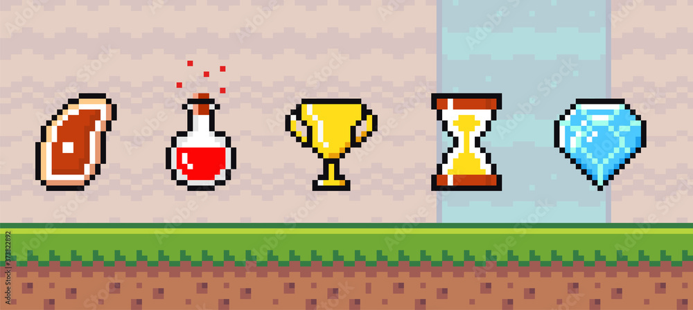 Poster pixel art game background with reward object in the air. game scene with grass platform and valuable