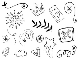 Abstract arrows, ribbons, hearts, stars, crowns and other elements in a hand drawn style for concept designs. Scribble illustration. Vector illustration.