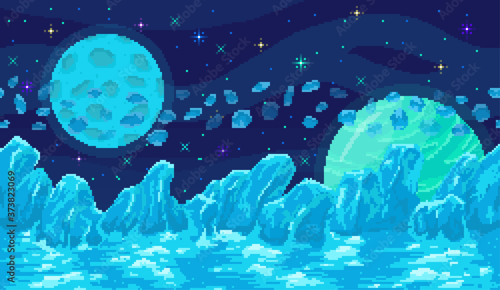 Poster space planet in pixel art. background of space planet. ice landscape with mountains, planet and star