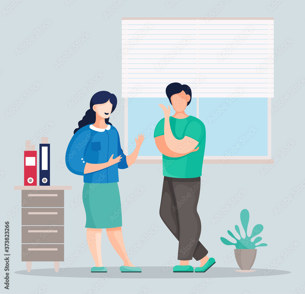 Poster two vector office characters communicating with each other. colleagues discussing and talking. man a